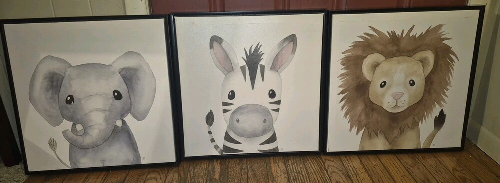 Set of 3 Framed Watercolor Baby Safari Animal Canvas Nursery Wall Art Decor 17 X